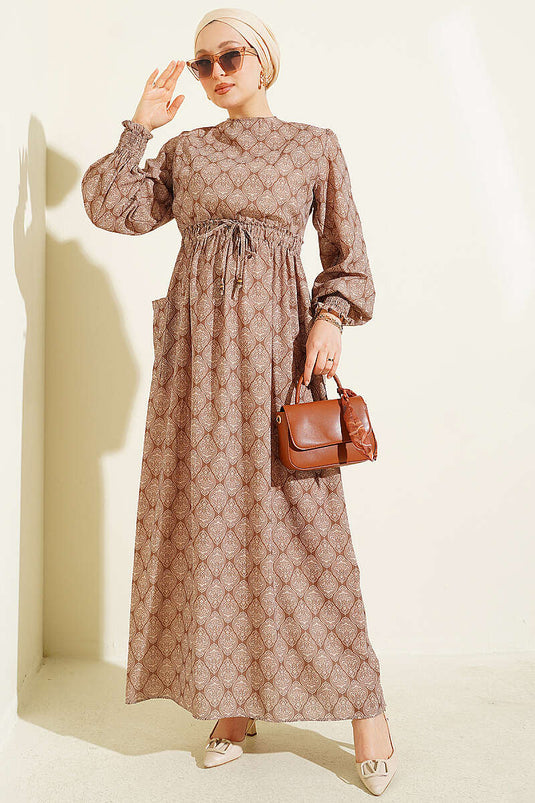 Robe Ethnique Camel À Taille Élastiquée