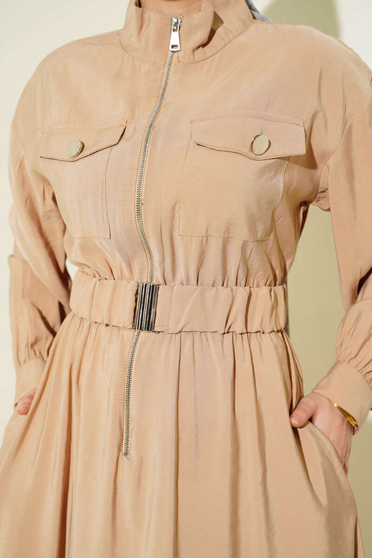 Beige Dress with Belt, Zipper, and Tencel Fabric