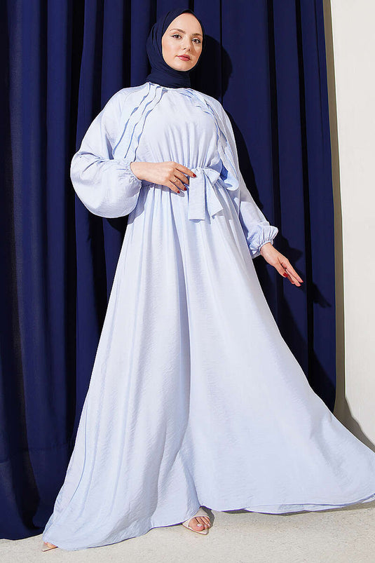 Belted Dress with Elastic Hem and Ruffle Detail Blue