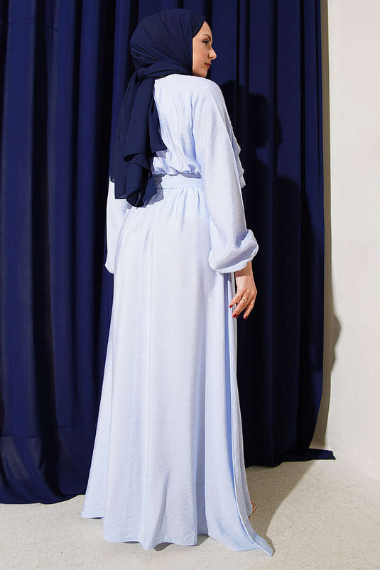 Belted Dress with Elastic Hem and Ruffle Detail Blue