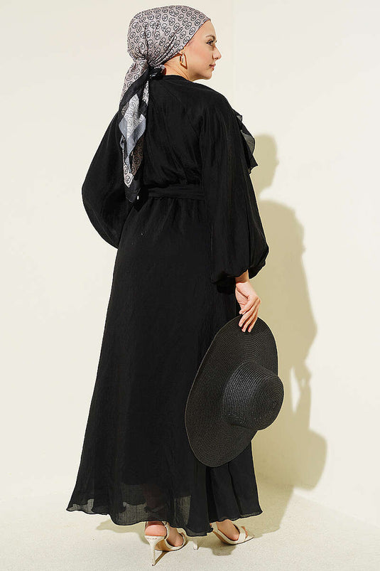 Robe ceinturée à volants avec élastique à la taille, noire