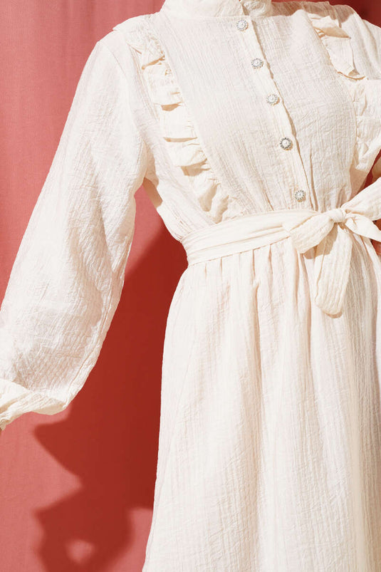 Bel Lastikli Fırfırlı Düğmeli Elbise Bej