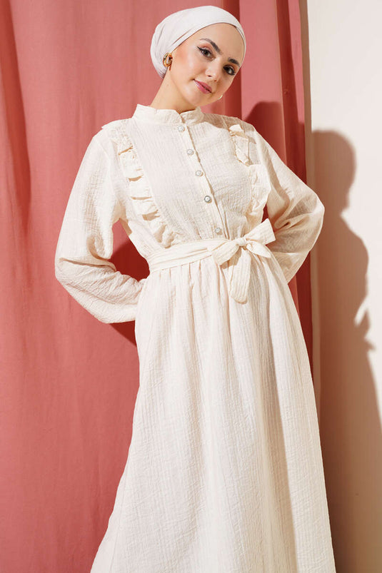 Bel Lastikli Fırfırlı Düğmeli Elbise Bej