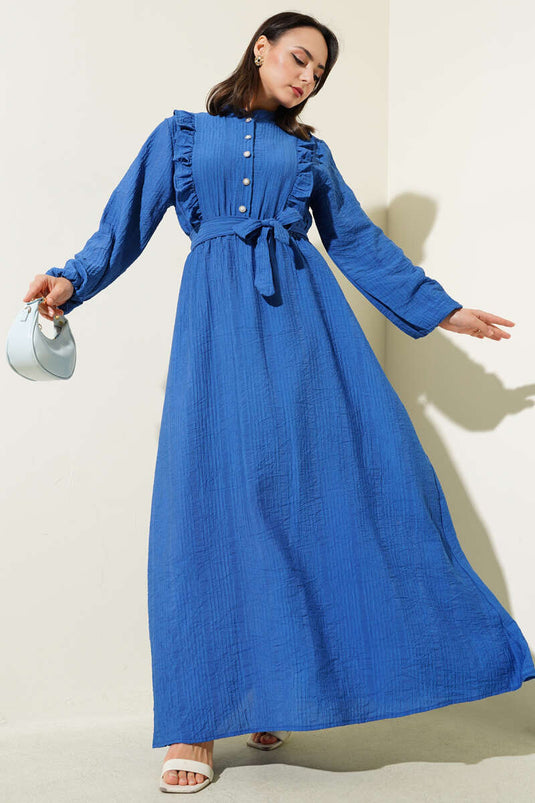 فستان نيلي بأزرار وكشكشة وخصر مطاطي