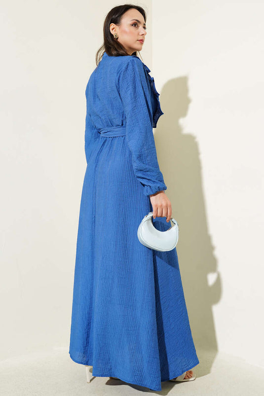 فستان نيلي بأزرار وكشكشة وخصر مطاطي