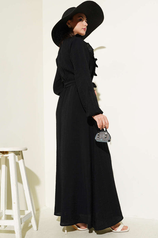 Bel Lastikli Fırfırlı Düğmeli Elbise Siyah