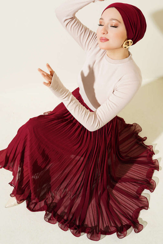 Elastic Waist Ruffle Chiffon Skirt Burgundy