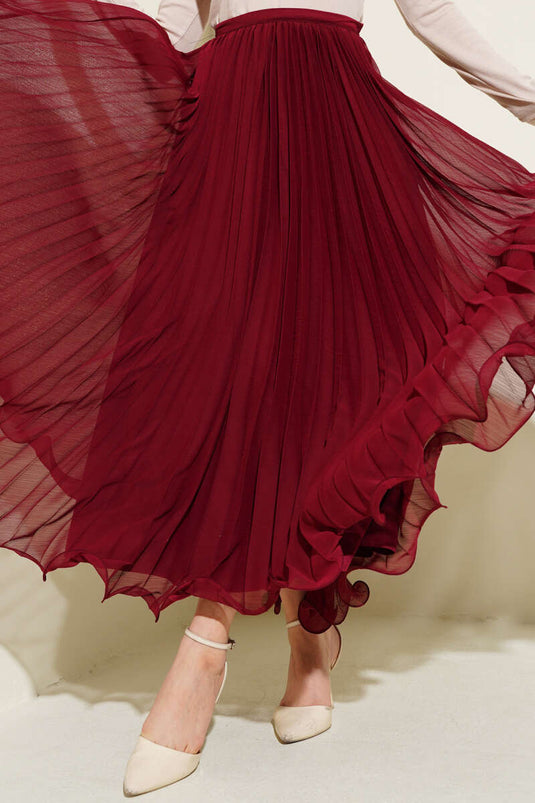 Elastic Waist Ruffle Chiffon Skirt Burgundy