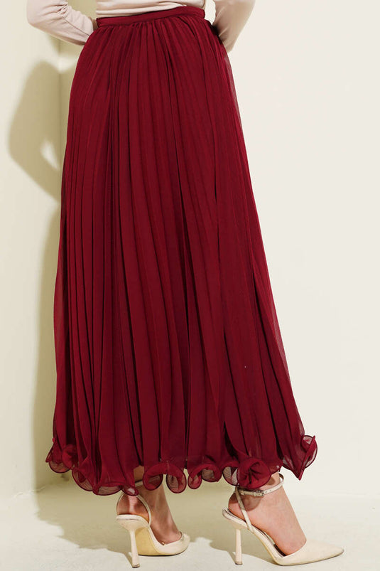 Elastic Waist Ruffle Chiffon Skirt Burgundy