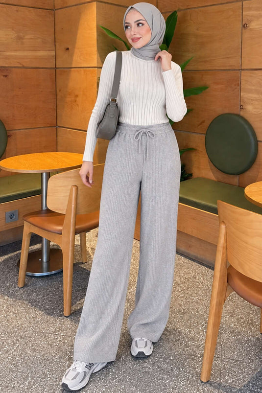Pantalon En Maille Côtelée Gris À Taille Élastiquée