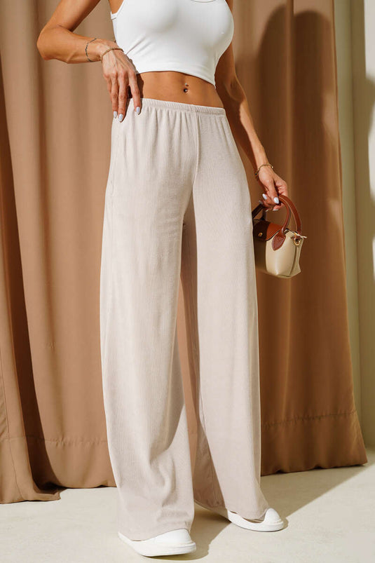 Ribbed Palazzo Trousers with Elastic Waistband, Beige