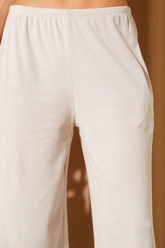 Ribbed Palazzo Trousers with Elastic Waistband, Beige