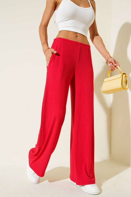 Red Ribbed Palazzo Pants with Elastic Waistband