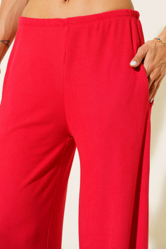 Red Ribbed Palazzo Pants with Elastic Waistband