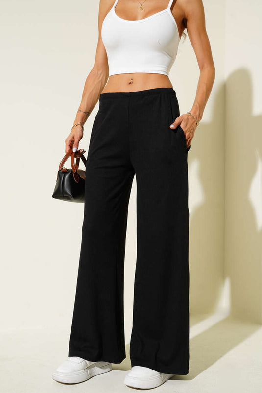 Bel Lastikli Fitilli Palazzo Pantolon Siyah