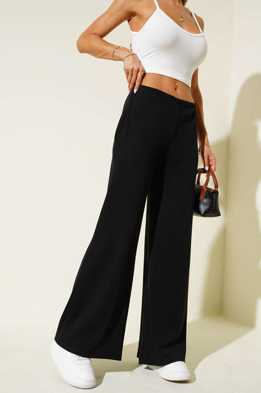 Bel Lastikli Fitilli Palazzo Pantolon Siyah