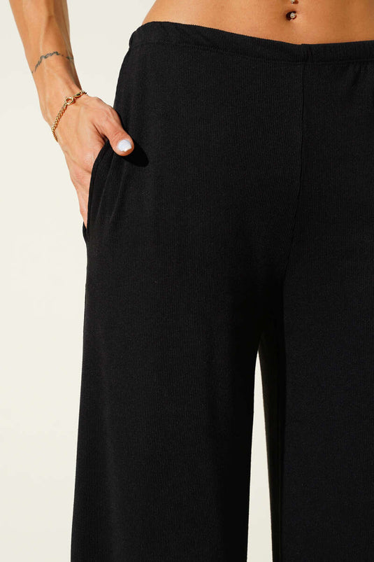 Bel Lastikli Fitilli Palazzo Pantolon Siyah