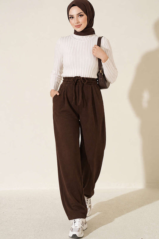 Pantalon Large Texturé Élastiqué Marron