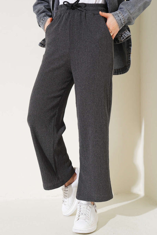 Bel Elastic Wide Leg Crinkled Trousers Anthracite