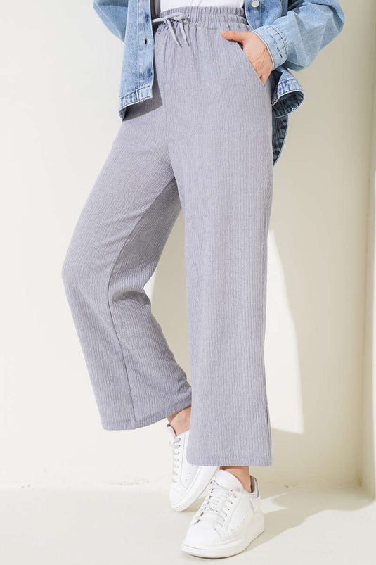 Bel Elastic Wide Leg Crinkled Trousers Gray