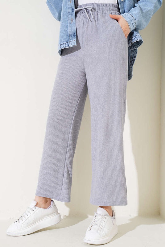 Bel Elastic Wide Leg Crinkled Trousers Gray