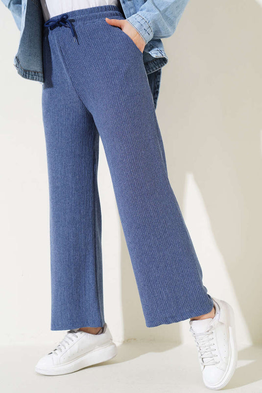 Pantalon Froissé Taille Élastique à Jambe Large Indigo