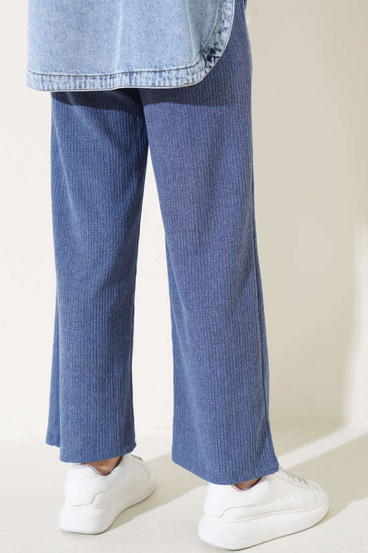 Pantalon Froissé Taille Élastique à Jambe Large Indigo