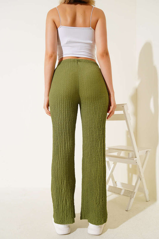 Bel Lastikli Geniş Paça Gofre Pantolon Yeşil