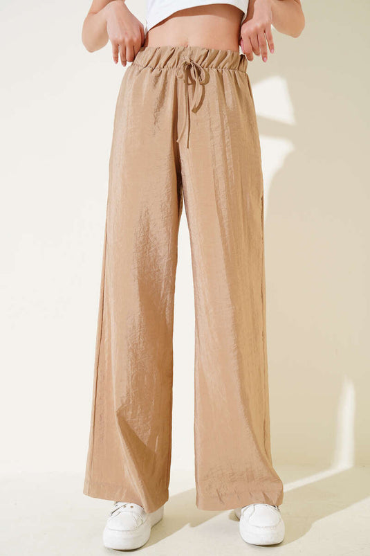Elastic Waist Wide Leg Shiny Trousers Latte