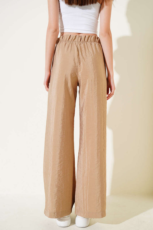 بنطلون لامع واسع الساق بخصر مطاطي - لاتيه