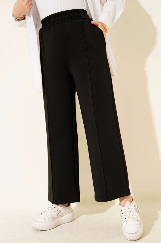 Bel Lastikli Geniş Paça Scuba Pantolon Siyah