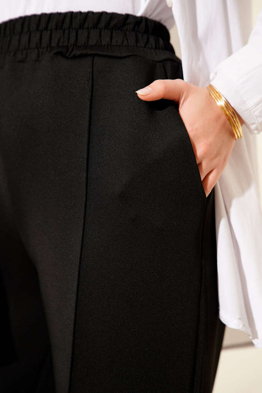 Bel Lastikli Geniş Paça Scuba Pantolon Siyah