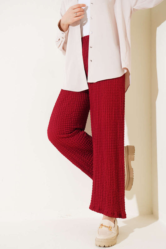 Elastic Waist Seersucker Trousers Claret Red