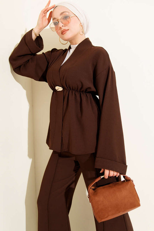 Bel Lastikli Gold Aksesuarlı İkili Takım Kahve