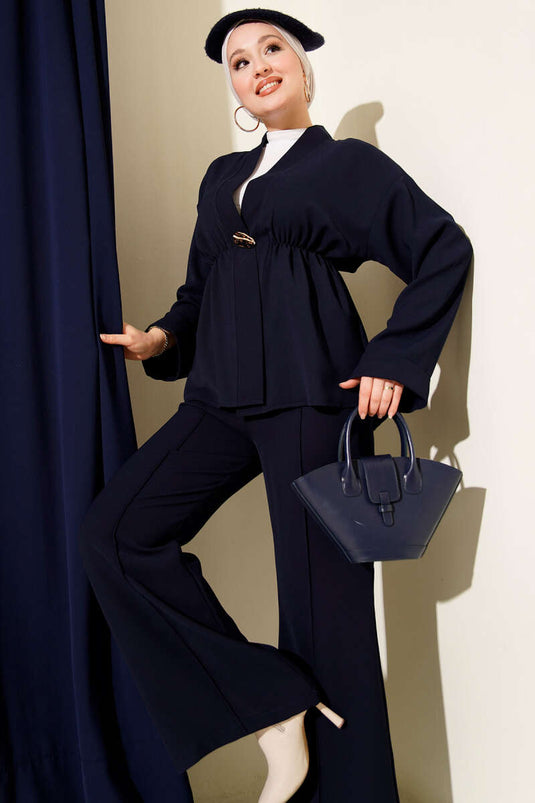 Bel Lastikli Gold Aksesuarlı İkili Takım Lacivert