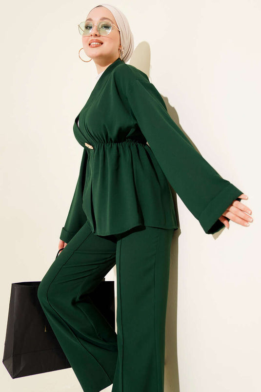 Bel Lastikli Gold Aksesuarlı İkili Takım Zümrüt