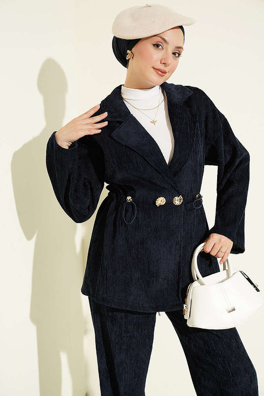 Gold Buttoned Belted Navy Two-Piece Set