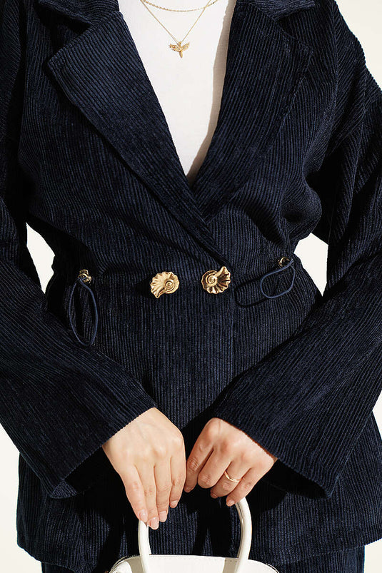 Gold Buttoned Belted Navy Two-Piece Set