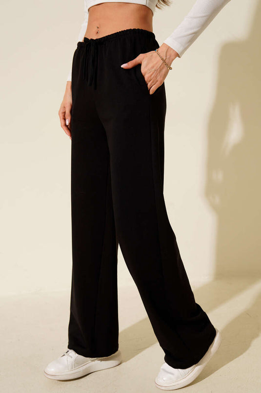 بنطال ذو خيطين مع حزام خصر مطاطي، أسود