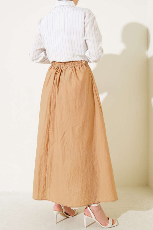 Jupe camel à taille élastique et cordon de serrage