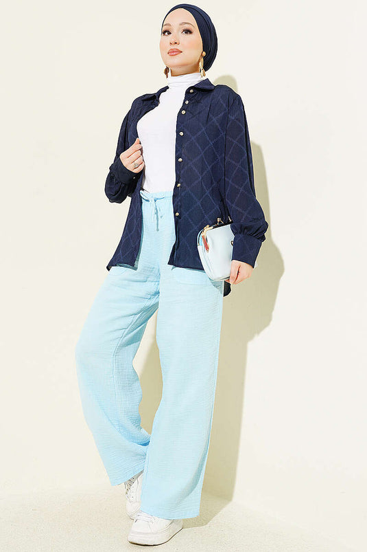 Bell Elastic Drawstring Muslin Pants Baby Blue