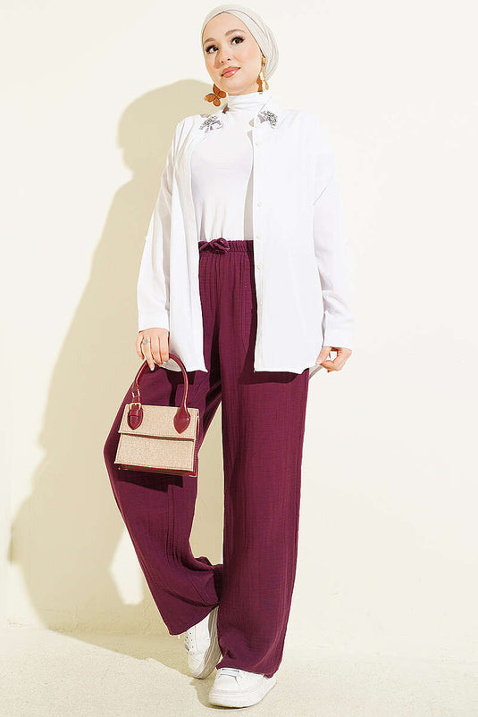 Muslin Pants with Elastic Waist and Drawstring Burgundy