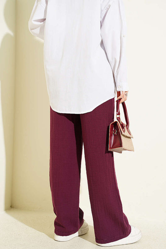 Muslin Pants with Elastic Waist and Drawstring Burgundy