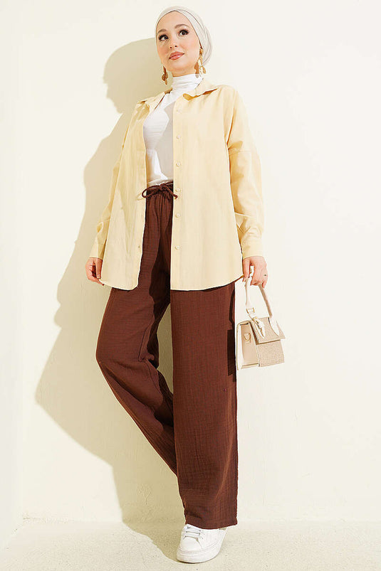 Belted Drawstring Muslin Pants Brown