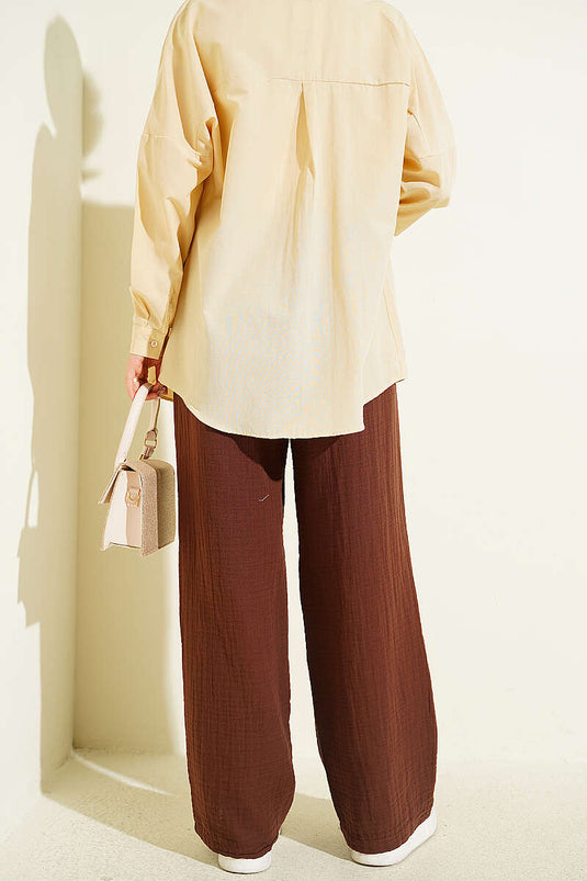 Belted Drawstring Muslin Pants Brown