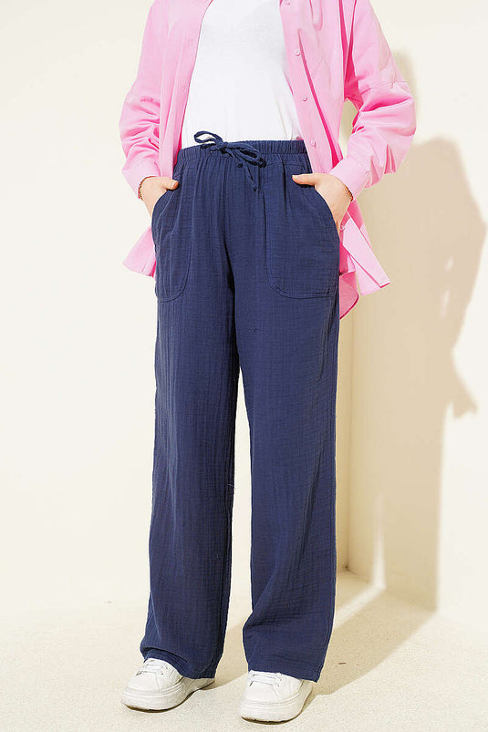 Broek van mousseline met elastische taille en trekkoord, marineblauw