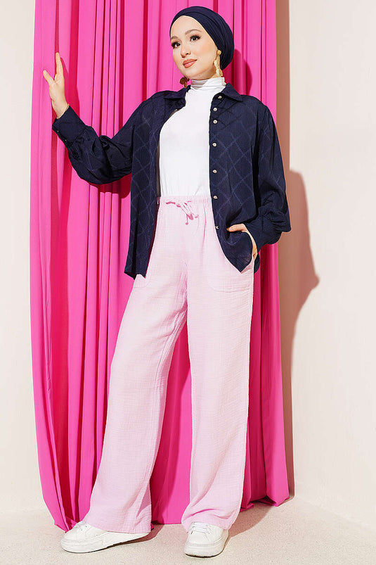 Drawstring Waist Muslin Pants Pink