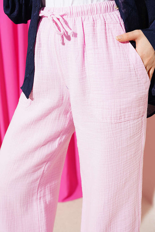 Drawstring Waist Muslin Pants Pink