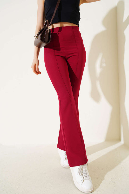 Elastic Waist Bell-bottomed Trousers in Burgundy