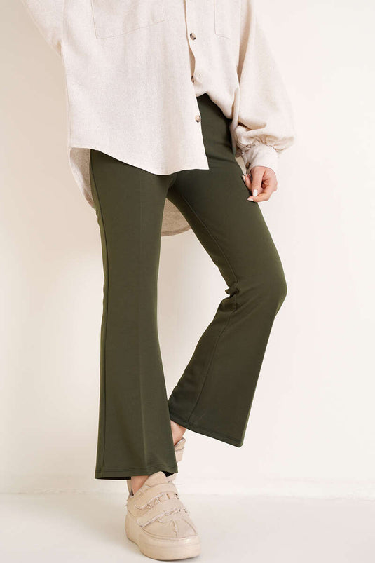 Pantalon Flare Taille Elastique Kaki